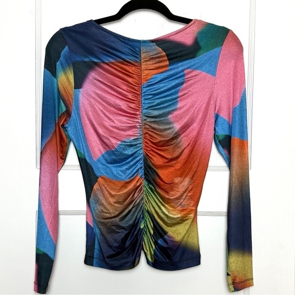 UNTITLED IN MOTION 90s Abstract Print Ruched V-Neck Long Sleeve Slim Fit Top S - Picture 7 of 14